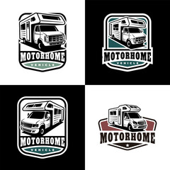 Set of RV recreational vehicle badge design. Camper van motorhome emblem collection