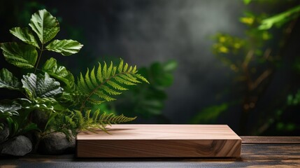 podium for product stand or display with plant background and cinematic light, front view
