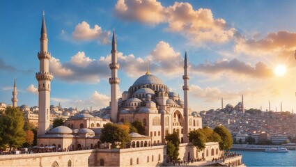 Suleymaniye mosque in Sultanahmet district old town of Istanbul, Turkey, Sunset in Istanbul, Turkey with Suleiman Mosque, Beautiful sunny view of Istanbul with old mosque in Istanbul, Turkey. - obrazy, fototapety, plakaty