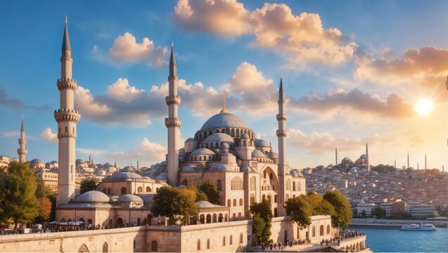 Suleymaniye mosque in Sultanahmet district old town of Istanbul, Turkey, Sunset in Istanbul, Turkey with Suleiman Mosque, Beautiful sunny view of Istanbul with old mosque in Istanbul, Turkey. © ponpary