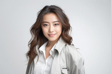 Fototapeta premium Against a bright white background, a poised and intelligent young Asian woman, elegantly attired in a light gray suit coupled with a pristine white shirt, delivers a presentation. Generative AI.