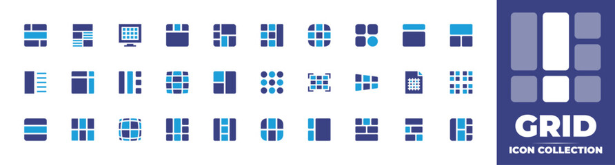 Grid icon collection. Duotone color. Vector and transparent illustration. Containing content design, grid, circle grid, sitemap, bottom alignment, layout, guide book, table, row, and more. - obrazy, fototapety, plakaty