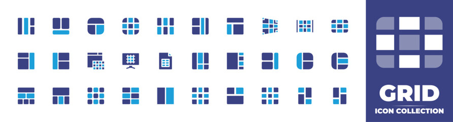 Grid icon collection. Duotone color. Vector and transparent illustration. Containing grid lines, list, grid, layout, bars, right, left sign, sitemap, framework, pieces, sheet, and more.