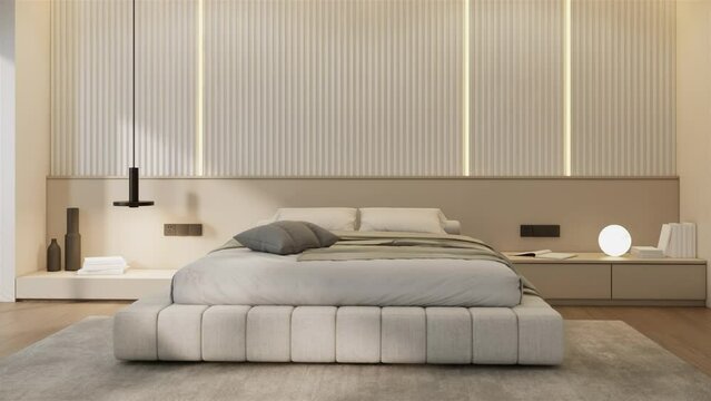 interior of modern white bedroom with furniture , spinning shot, video 4K 3840x2160, 3D animation bedroom design