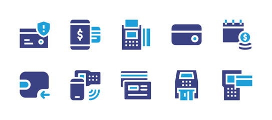 Payment icon set. Duotone color. Vector illustration. Containing calendar, credit card, payment method, wallet, contactless, pos terminal, card, machine, atm machine.