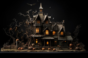 Obraz premium Dark haunted house decoration for Halloween party background with Pumpkin candle in Spooky Night, ghost day design concept, Horror creepy Houses scene.