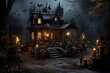 Dark haunted house decoration for Halloween party background with Pumpkin candle in Spooky Night, ghost day design concept, Horror creepy Houses scene.