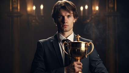 Portrait of a businessman holding golden trophy cup.
