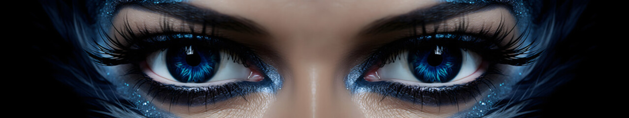 Un gros plan des yeux d'une jolie femme avec du maquillage bleu scintillant - obrazy, fototapety, plakaty
