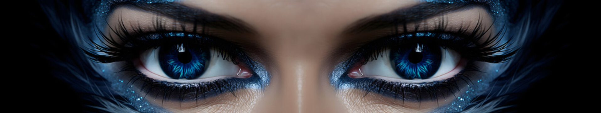 Un gros plan des yeux d'une jolie femme avec du maquillage bleu scintillant