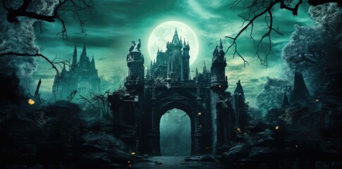 Halloween scene with a spooky castle and blue moon