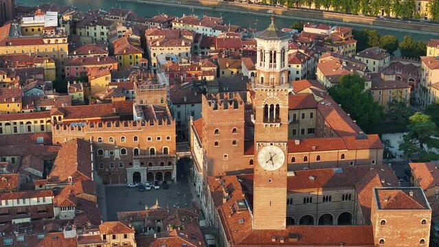 Verona urban skyline, aerial view of Piazza delle Erbe, Torre dei Lamberti, historical city centre, urban skyline, Cathedral, Veneto Region, Italy