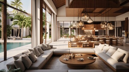 Luxury interior design in living room of pool villas. Airy and bright space with high raised ceiling, sofa, middle table, dining table and open kitchen home, house, building , resort 8k,