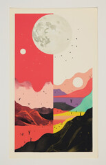 Geometric landscape — indie print / poster with screen-print - overlapping mountains