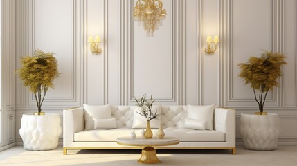 Luxury light interior of living room with gold wall and chic expensive furniture in white and gold...