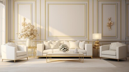 Luxury light interior of living room with gold wall and chic expensive furniture in white and gold colors 8k,