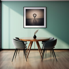 Living Room with a Dining Room Table and Chairs, in the Style of Light Emerald and Dark Brown, Minimalistic Modern Norwegian Nature Inspired, Generative AI