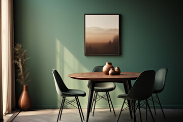 Living Room with a Dining Room Table and Chairs, in the Style of Light Emerald and Dark Brown, Minimalistic Modern Norwegian Nature Inspired, Generative AI