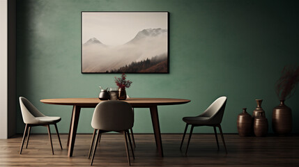 Living Room with a Dining Room Table and Chairs, in the Style of Light Emerald and Dark Brown, Minimalistic Modern Norwegian Nature Inspired, Generative AI