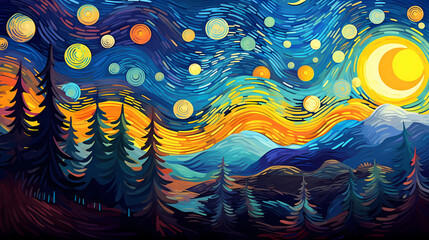 Hand drawn cartoon art abstract van Gogh style impressionist landscape illustration background material
 - obrazy, fototapety, plakaty