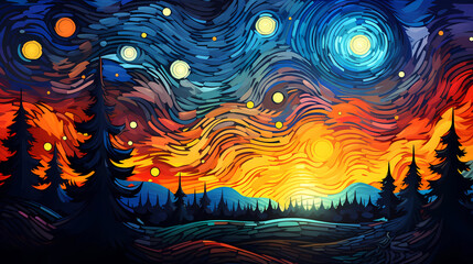Hand drawn cartoon art abstract van Gogh style impressionist landscape illustration background material
 - obrazy, fototapety, plakaty