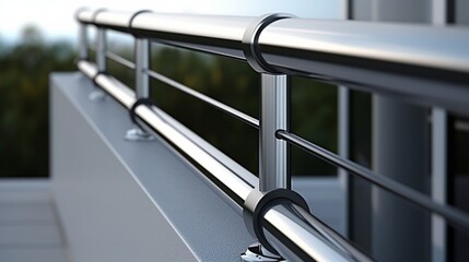 modern building balustrade, detail in polished and satin steel, the parapet protects from falling. Contemporary architecture. handrail geometry. 8k, - obrazy, fototapety, plakaty