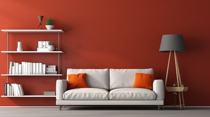 Modern claret red wall detail with white background, grey sofa and pillow, white bookshelf middle table and orange lamp style, frame and chair decor. 8k, - obrazy, fototapety, plakaty