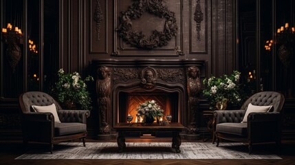 Modern dark interior with a fireplace, flowers, a cozy brown sofa with carved legs and two elegant armchairs. The stylization of the , classical design, historic interior. 8k, - obrazy, fototapety, plakaty