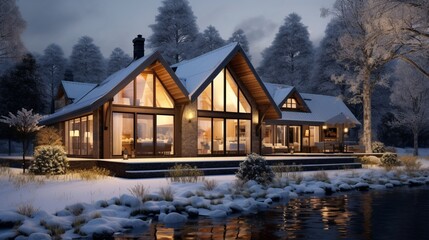 Modern exterior of luxury cottage. Private house in scandinavian style at winter evening 8k, - obrazy, fototapety, plakaty
