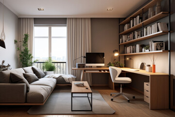 Fototapeta premium Modern home office in the living room, Convenient, comfortable, nice place to work, Remote work from home, Minimal interior decor design background.