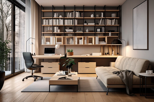 Modern Home Office In The Living Room, Convenient, Comfortable, Nice Place To Work, Remote Work From Home, Minimal Interior Decor Design Background.