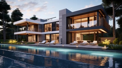 Fototapeta na wymiar Modern house design with swimming pool 8k,