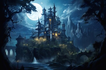 closeup castle cliff waterfall nighttime dungeon palace thousand long full moon evil villains lair - obrazy, fototapety, plakaty
