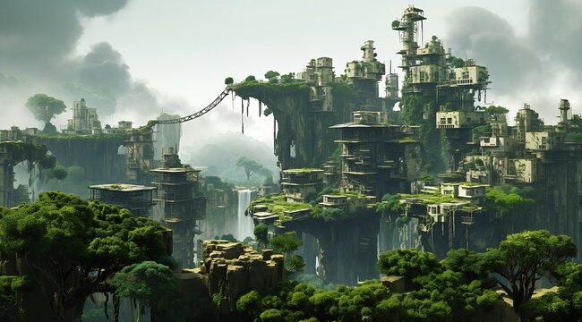 closeup tall building cliff manicured greenery avatar jungles background digital romanticism center ruins dense