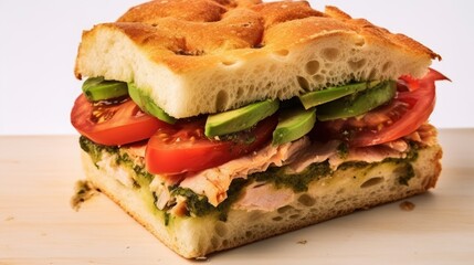 focaccia bread sandwich made of tuna mix, tomato, pesto, avocado, pickled jalapeno