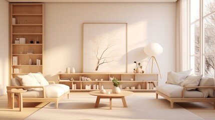 Modern interior japandi style design livingroom. Lighting and sunny scandinavian apartment with...
