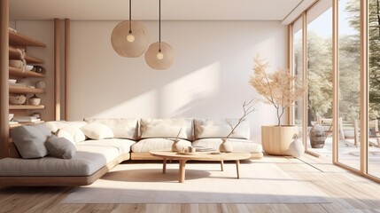 Modern interior japandi style design livingroom. Lighting and sunny scandinavian apartment with plaster and wood. 3d illustration. 8k,