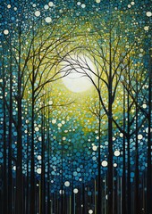 forest full moon background bubbles rising sunburst pallet blue trees masterful day dots expressionism