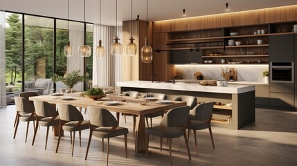 Fototapeta na wymiar Modern kitchen and dining area in new luxury house 8k,