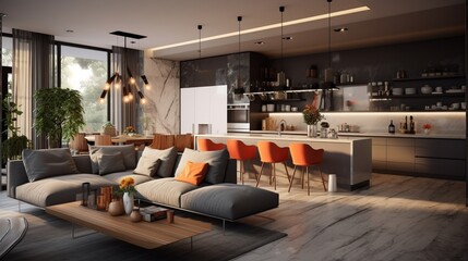 Modern kitchen and living room in the same space 8k,