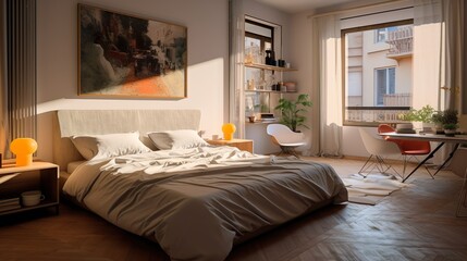 Naklejka premium a modern bedroom in an apartment building milan italy