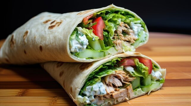 shawarma tortilla wrp with lettuce, beef, burrata, amyonnaise, tomato and cucumber