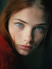 closeup woman freckles face young redhead girl motion fiery red watery eyes necromancer asymmetric unnatural beauty viridian venetian shapeshifter - obrazy, fototapety, plakaty