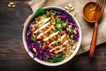 nutty chicken salad made of grilled thyme chicken, spinach, red cabbage, white cabbage, quinoa, toasted peanuts, carrot, spicy ginger dressing