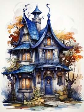 House Blue Roof Tower Design Autumn Spirit Nestled Forest Regal Clothes Rounded Cute Inhabited Levels