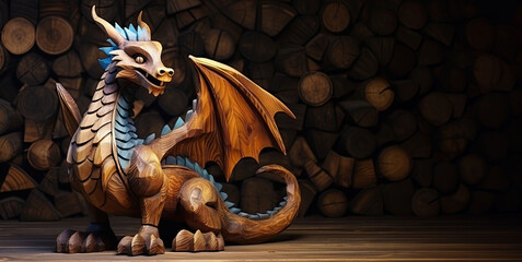 A wooden dragon sculpture in its entirety, positioned against a background of rustic wood, forming a captivating scene.