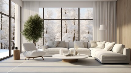 Modern living room interior 3d .The Rooms have white floors and gray wall.furnished with white fabric furniture.There are large window. Overlooks to nature view. 8k,
