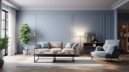 Modern living room setup with classic parquet floor. Furnished with light gray sofa, blue arm chair with wooden frame, modern blue ceiling lamp, wooden coffee table and gray carpet. 8k,