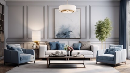 Modern living room setup with classic parquet floor. Furnished with light gray sofa, blue arm chair with wooden frame, modern blue ceiling lamp, wooden coffee table and gray carpet. 8k, - obrazy, fototapety, plakaty