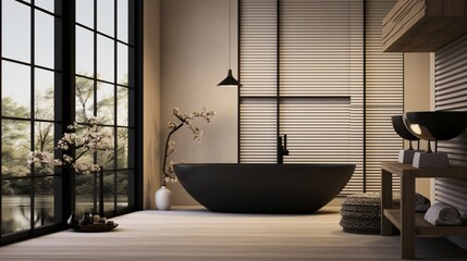 modern minimalistic soft design room interior in Japanese style in beige and black colors. stylishly detached bathroom by a huge panoramic window with blinds 8k, - obrazy, fototapety, plakaty